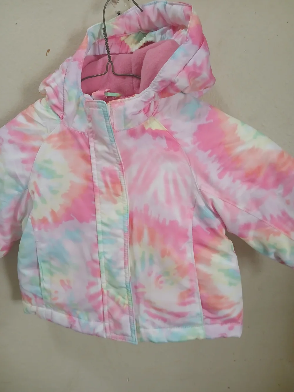The Children's Place Pink Tie-Dye Hooded Puffer Jacket Double Zip Size 12_18 Mon